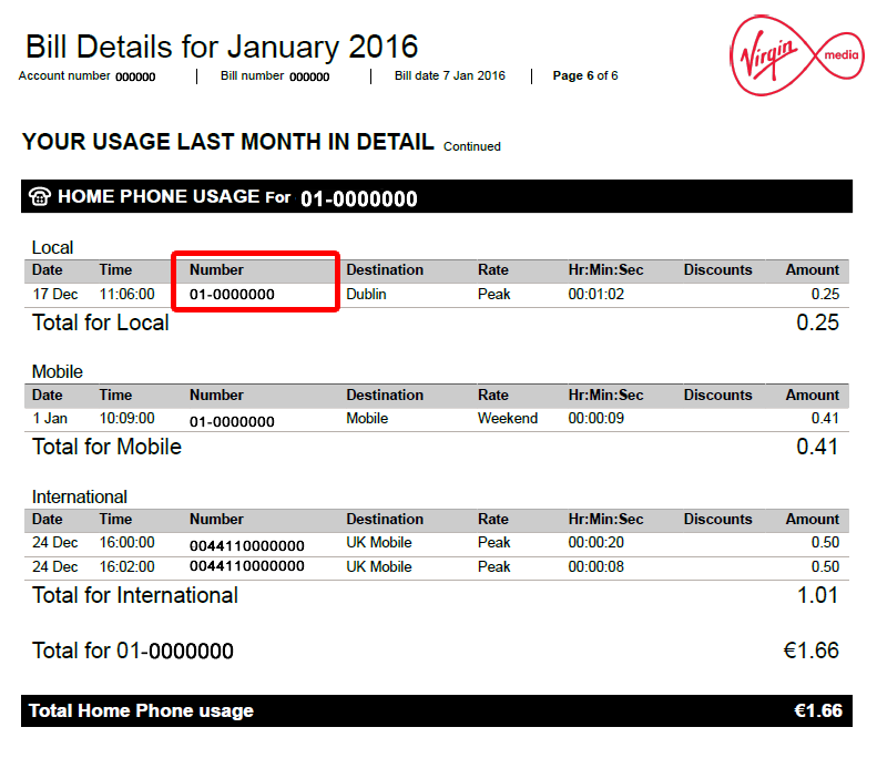 phone bill example