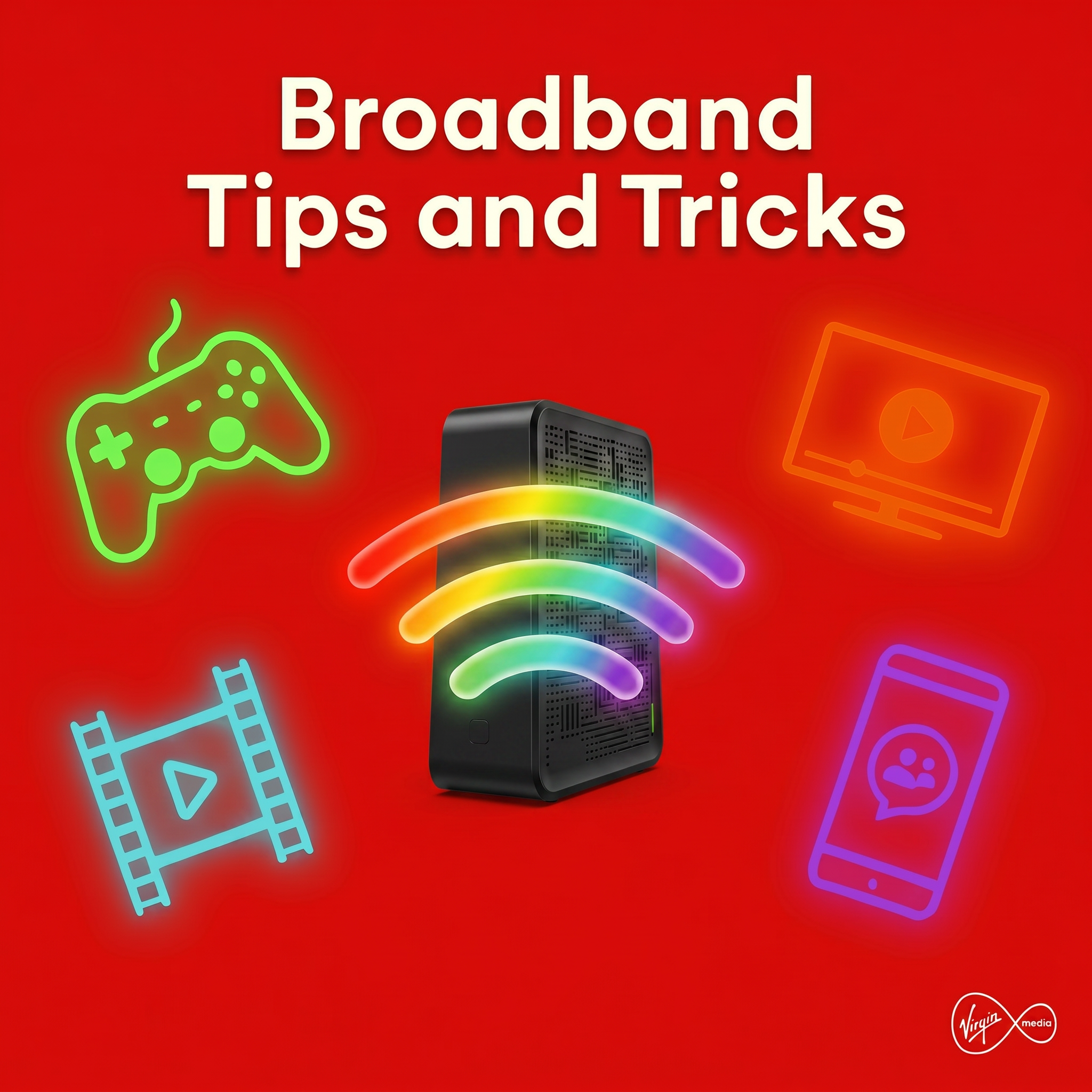 Broadband modem with neon shapes around it of a tv, games controller, movie reel and phone