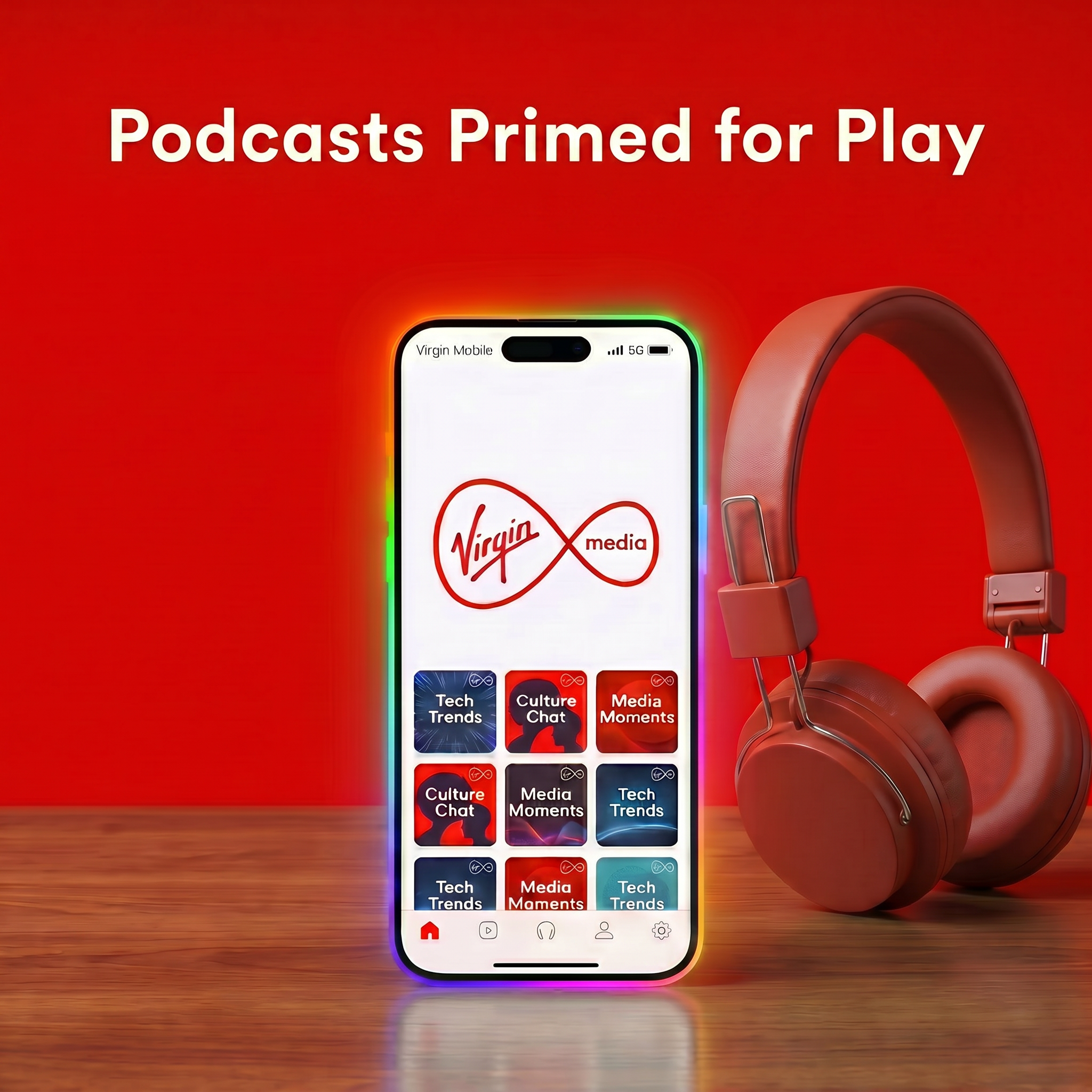 A phone next to headphones with the text 