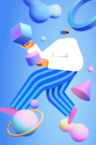 Cartoon of a person walking surrounded by shapes
