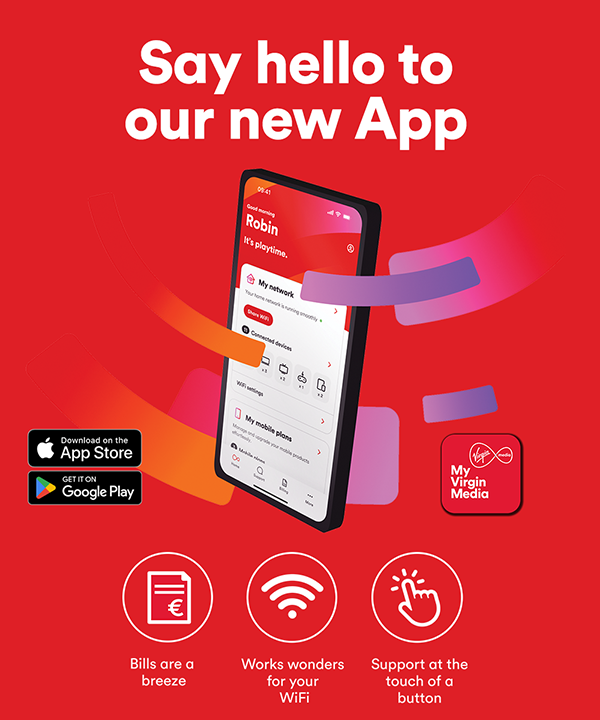 Image of a mobile with the My Virgin Media App home page on the screen.